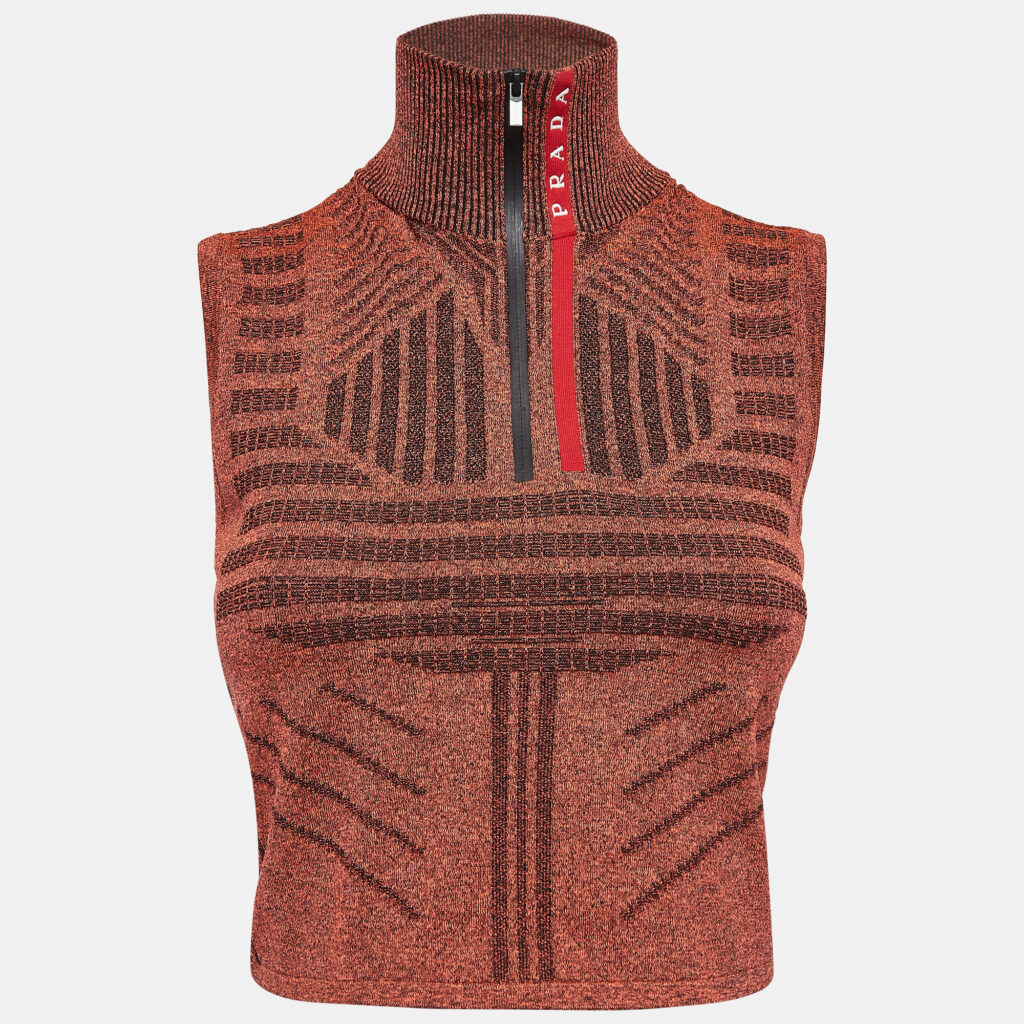 Prada Orange Melange Jersey Zip-Up Sleeveless Top S