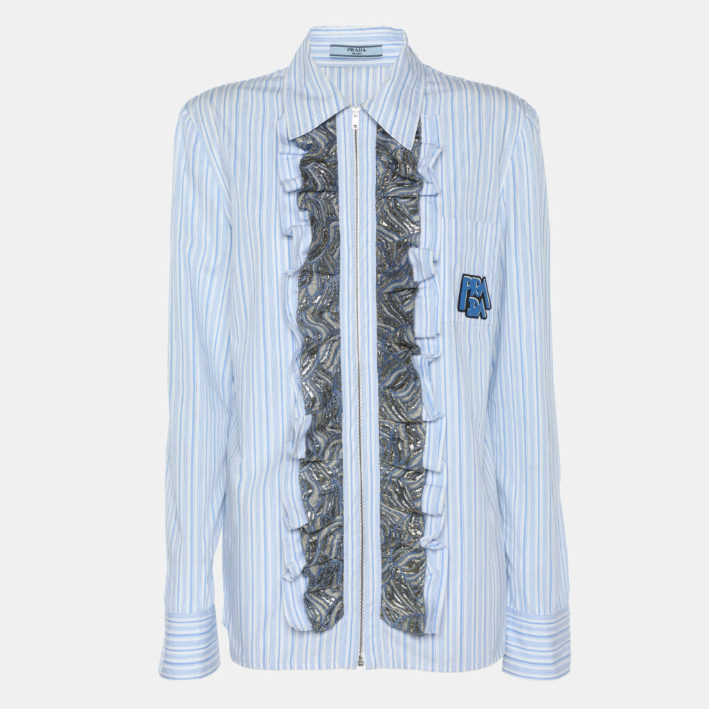 Prada Blue/White Striped Cotton Brocade Ruffle Detail Button Front Shirt M