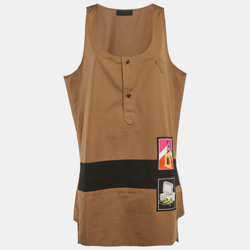 Prada Brown Khaki Cotton Applique Sleeveless Mini Dress M Prada Brown Khaki Cotton Applique Sleeveless Mini Dress M