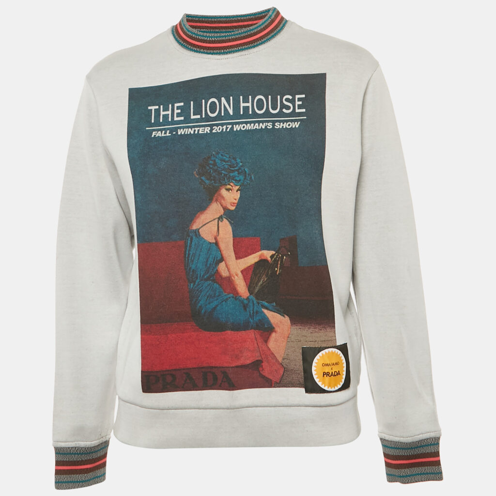 Prada Grey The Lion House Print Cotton Blend Sweatshirt XS Prada Grey The Lion House Print Cotton Blend Sweatshirt XS
