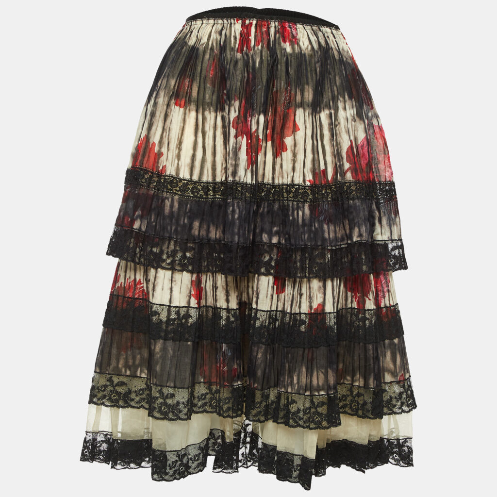 Prada Multicolor Floral Printed Cotton Lace Trim Tiered Mini Skirt L