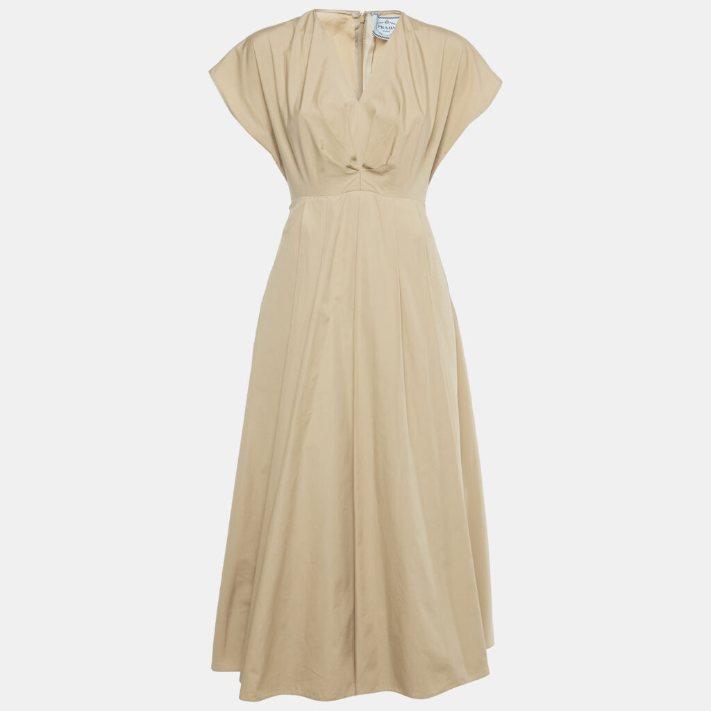 Prada Beige Cotton Pleated Midi Dress S Prada Beige Cotton Pleated Midi Dress S