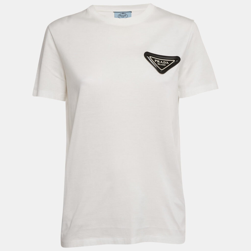 Prada White Triangle Rubber Logo Applique Cotton T-Shirt XS