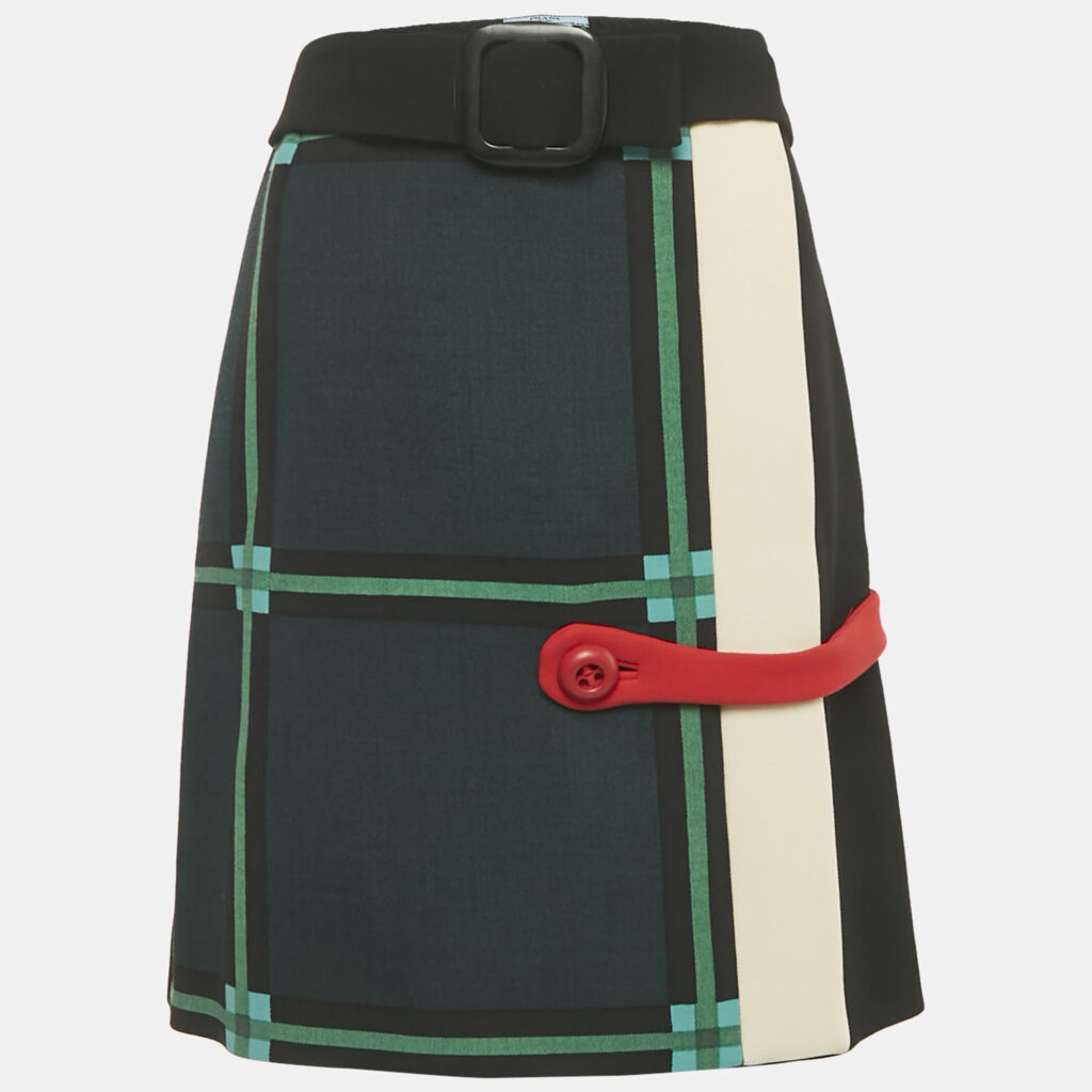 Prada Black/Green Plaid Print Wool Knee-Length Wrap Skirt S Prada Black/Green Plaid Print Wool Knee-Length Wrap Skirt S