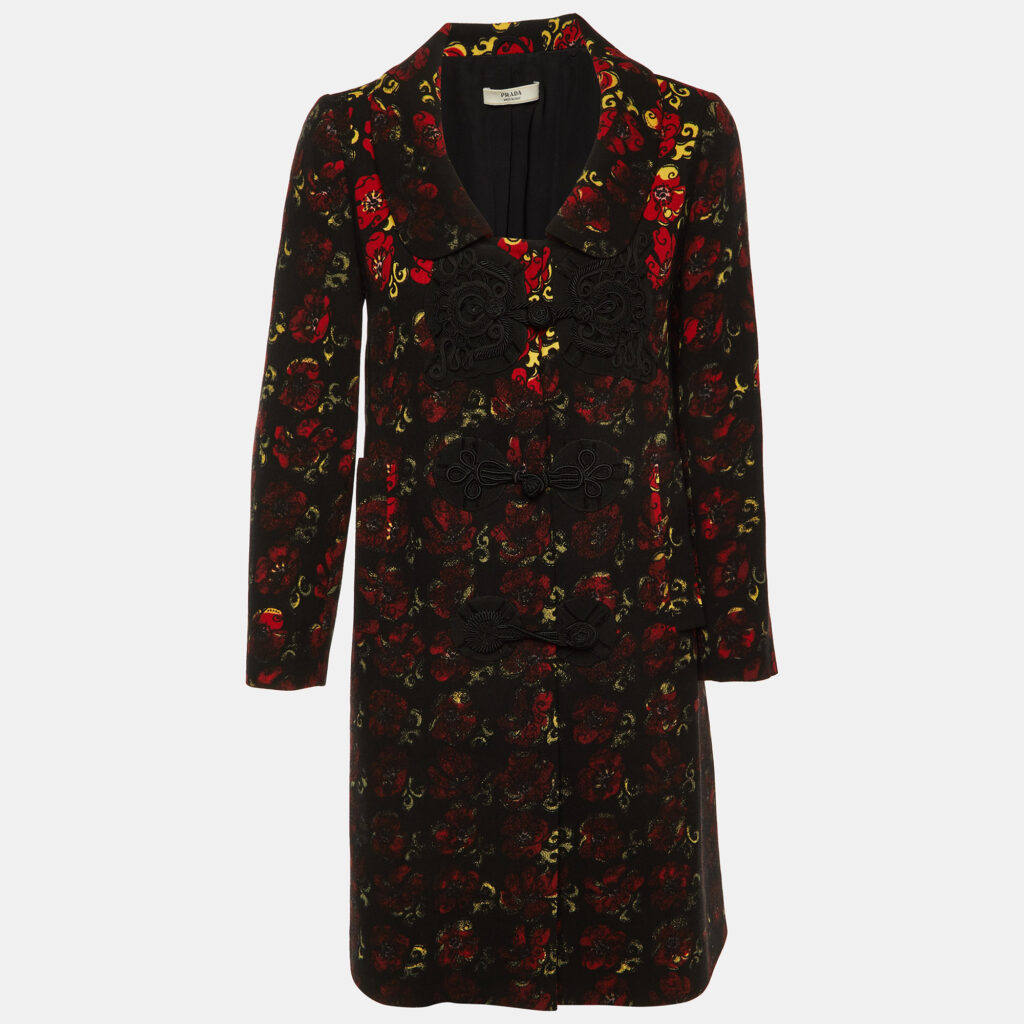 Prada Black Printed Virgin Wool Button Front Coat M Prada Black Printed Virgin Wool Button Front Coat M
