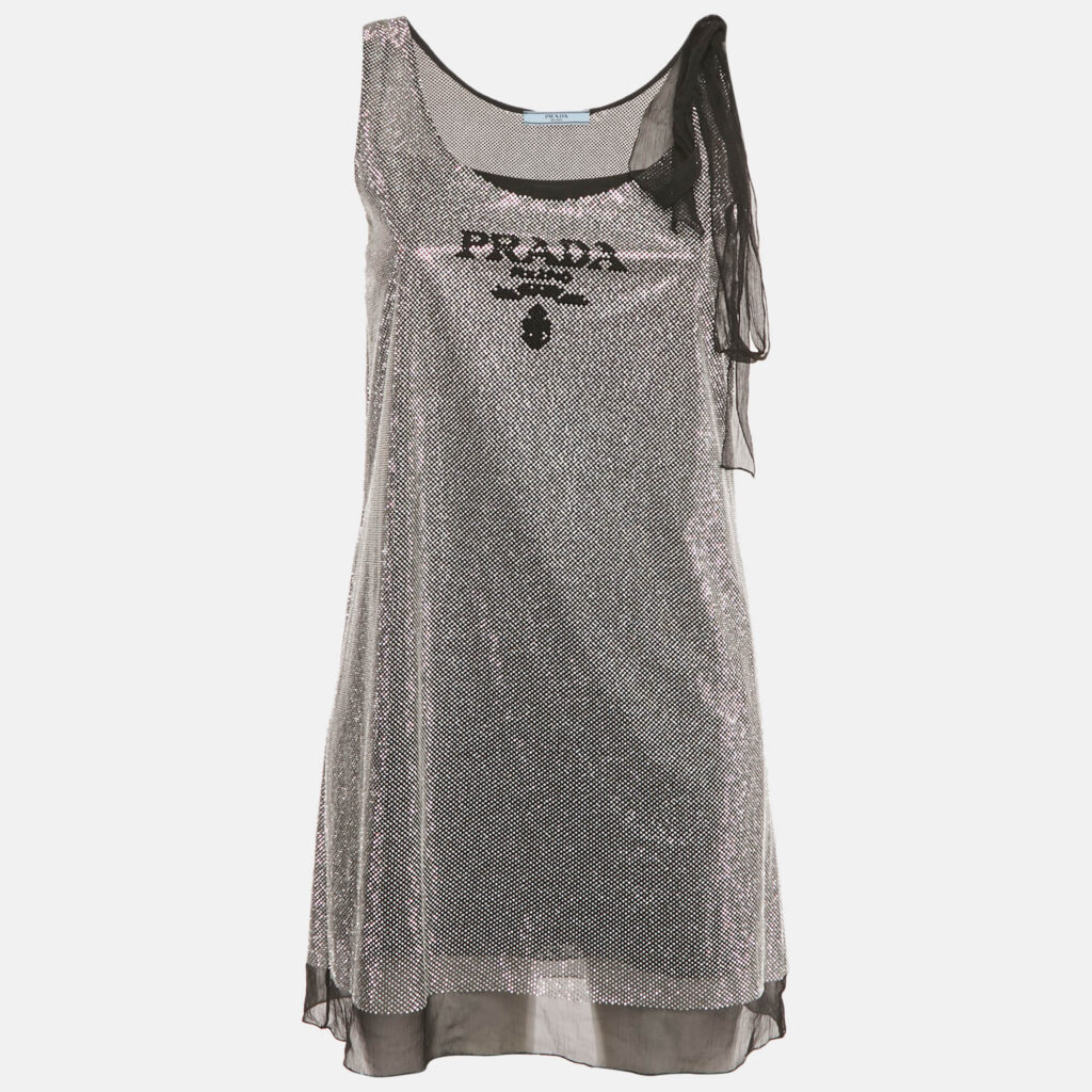 Prada Black Rhinestone Embellished Tie-Up Sleeve Mini Dress XS