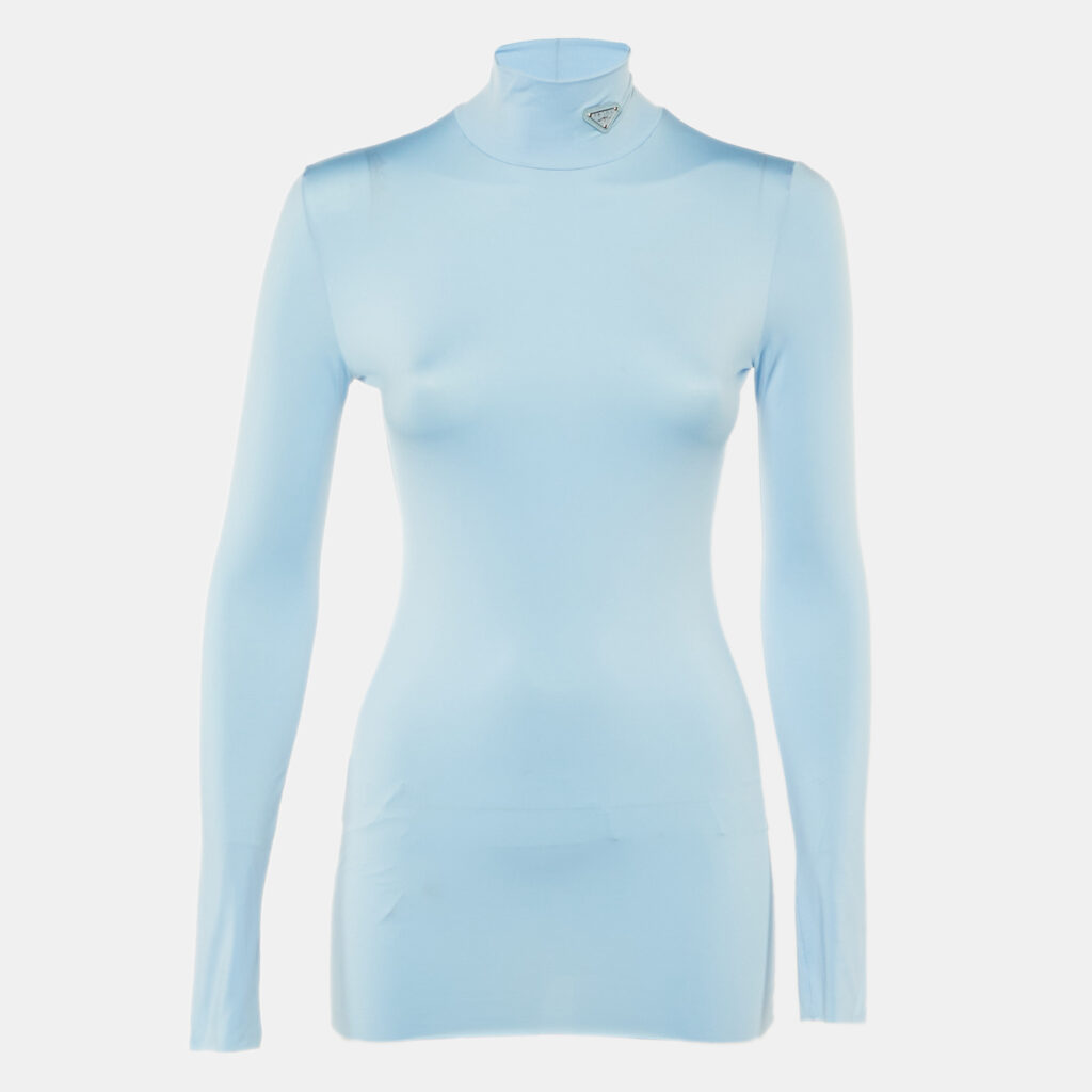 Prada Blue Jersey Long Sleeve Turtleneck Top S
