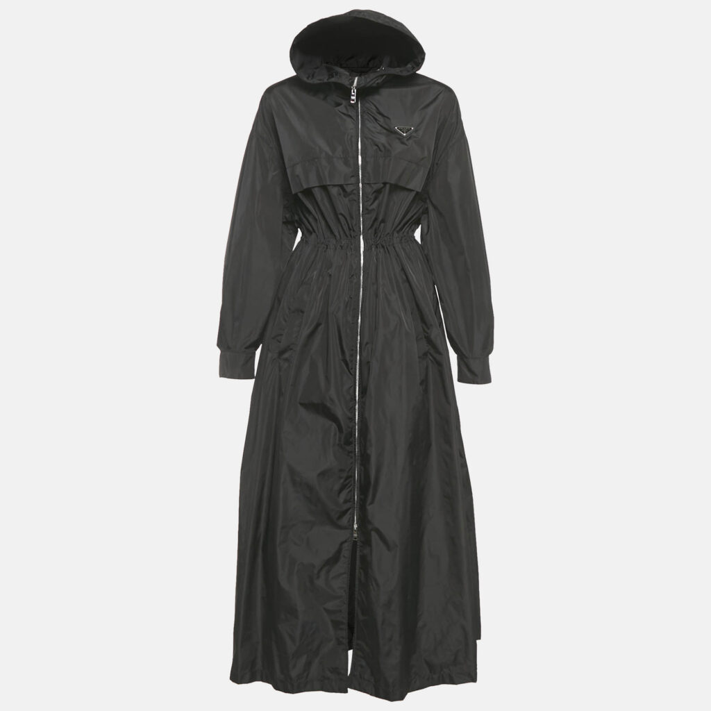 Prada Re-Nylon Black Synthetic Triangle Logo Plaque Hooded Long Zip -Up Coat S