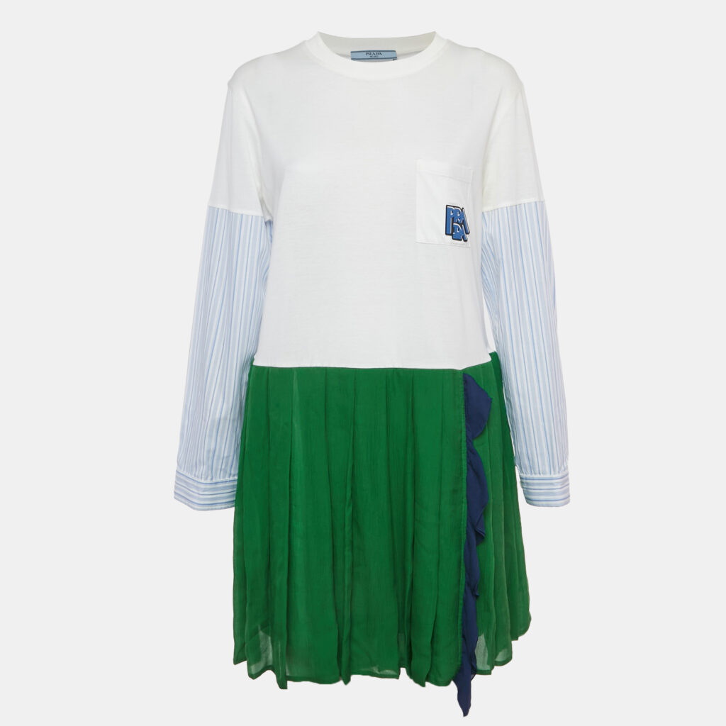 Prada White / Green Logo Applique Cotton & Silk Mini Dress M Prada White / Green Logo Applique Cotton & Silk Mini Dress M