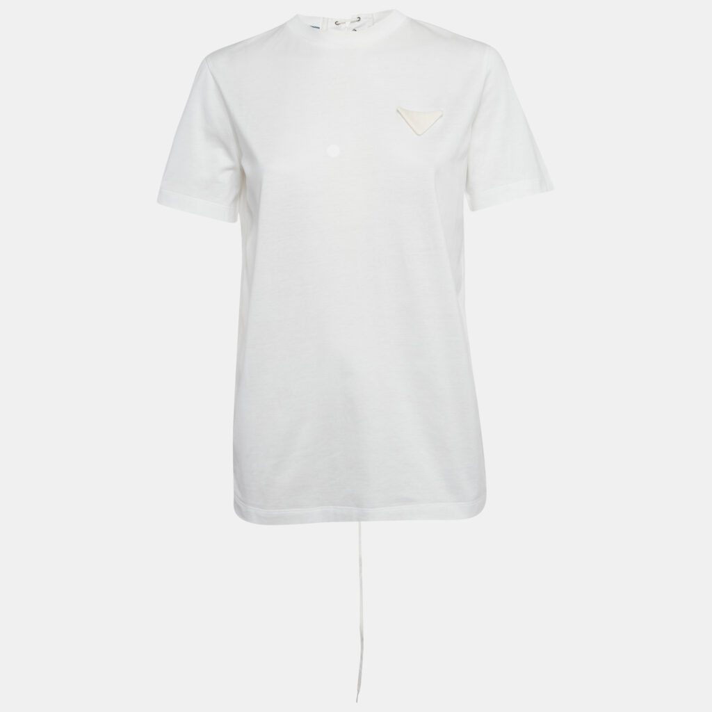 Prada White Triangle Appliqué Cotton Crisscross Detail T-Shirt M