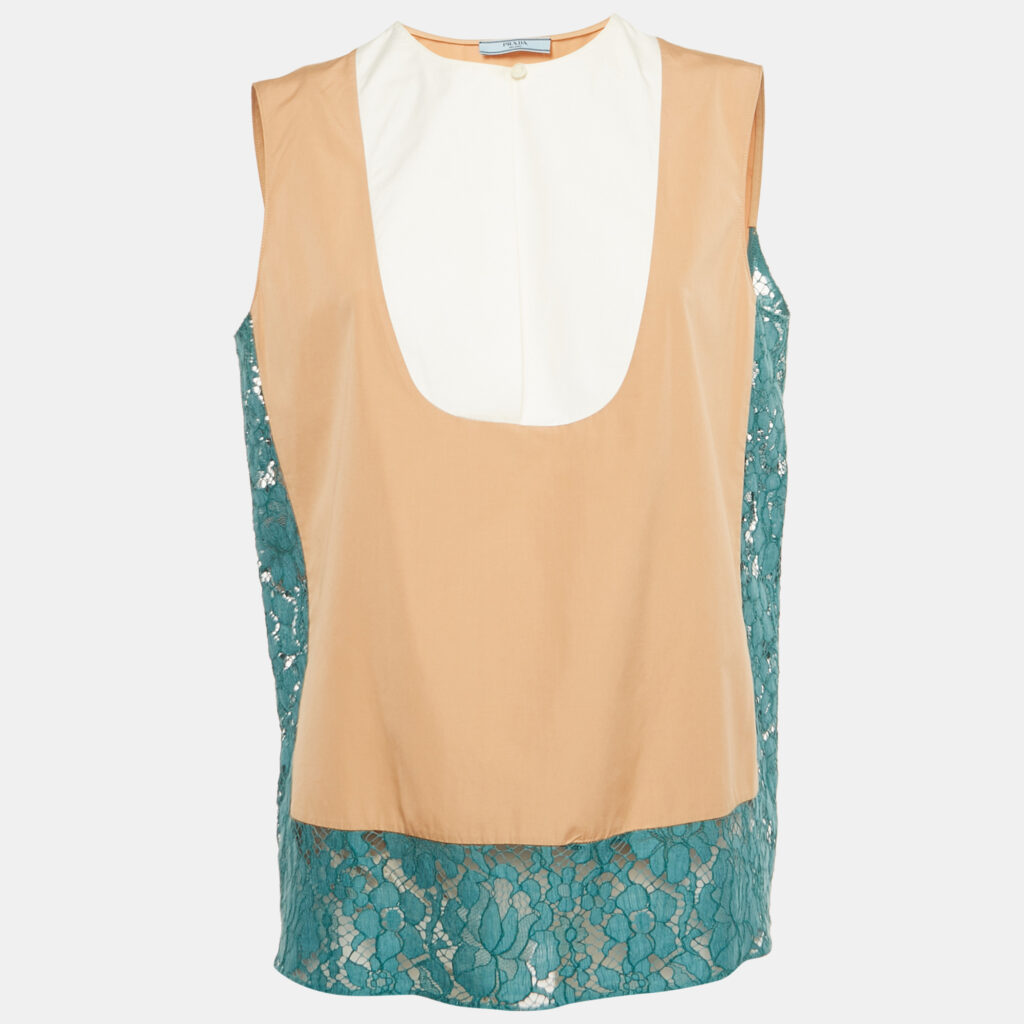 Prada Beige/White Cotton Floral Lace Trim Sleeveless Top M Prada Beige/White Cotton Floral Lace Trim Sleeveless Top M