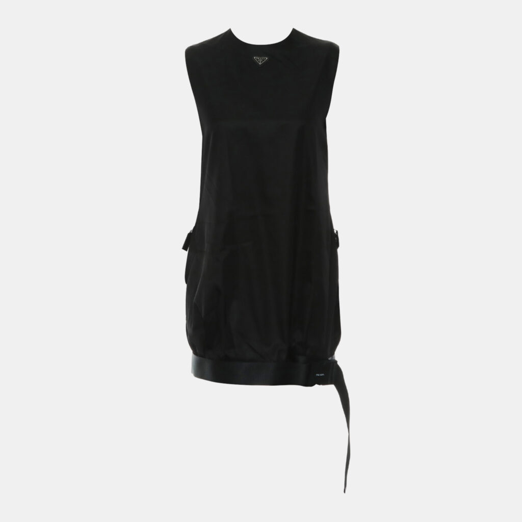 Prada Re-Nylon Logo Gabardine Sleeveless Dress With Buckle Belt Prada Re-Nylon Logo Gabardine Sleeveless Dress With Buckle Belt
