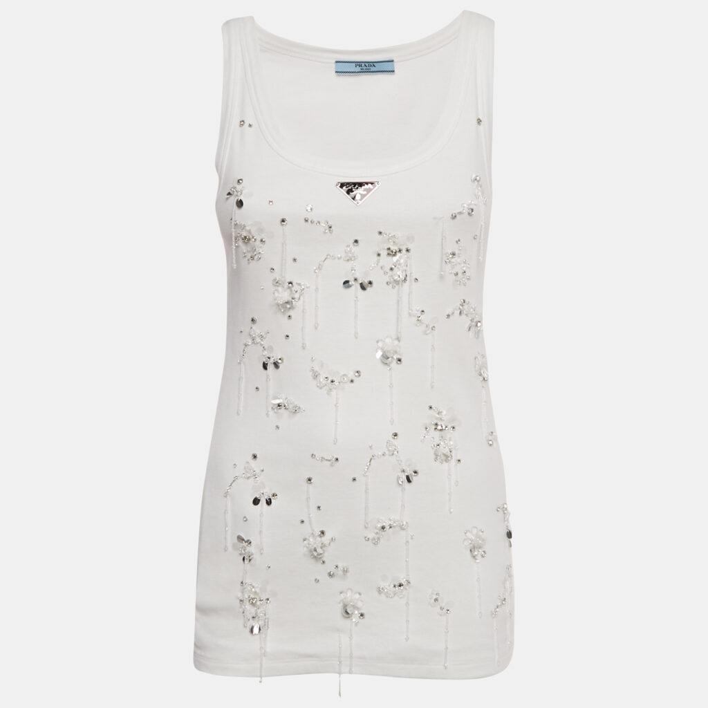 Prada White Embellished Cotton Jersey Tank Top S Prada White Embellished Cotton Jersey Tank Top S