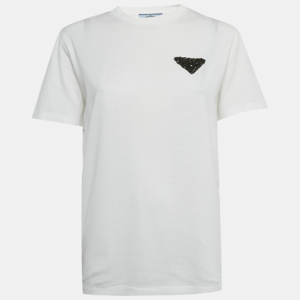Prada White Triangle Crystal Applique Jersey T-Shirt S Prada White Triangle Crystal Applique Jersey T-Shirt S
