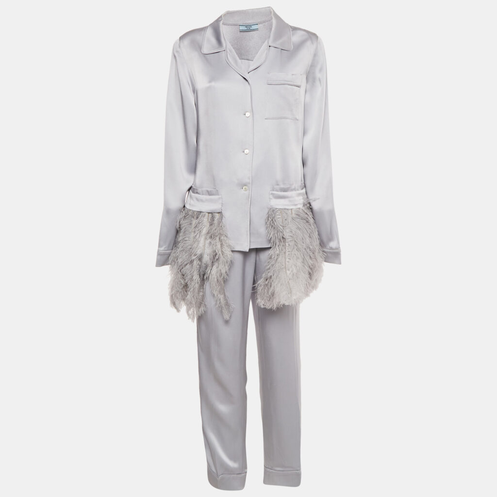 Prada Grey Satin Ostrich Feather Trim Pajama Shirt & Pants Set L Prada Grey Satin Ostrich Feather Trim Pajama Shirt & Pants Set L