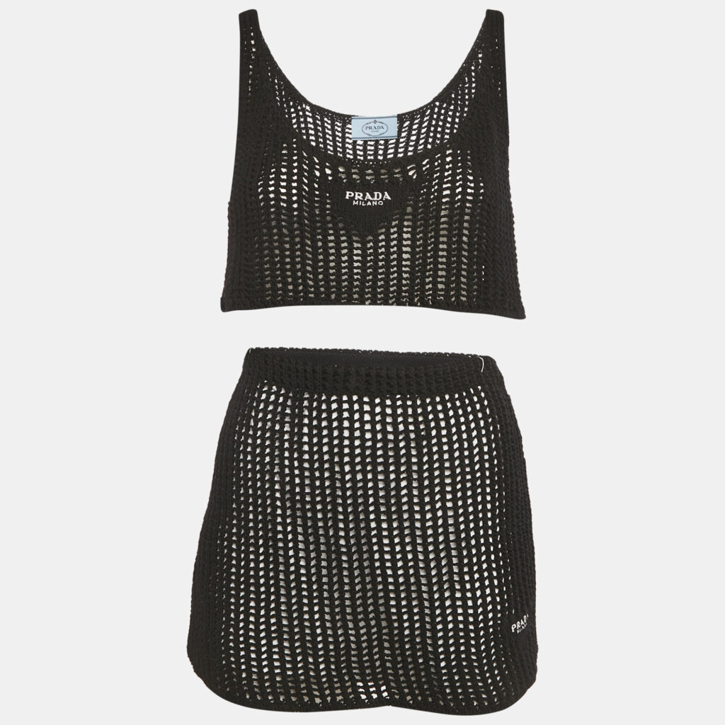 Prada Black Logo Embroidered Crochet Crop Top and Skirt Set M Prada Black Logo Embroidered Crochet Crop Top and Skirt Set M