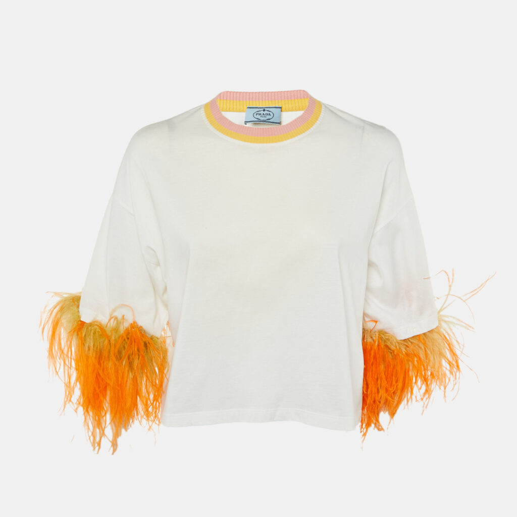 Prada White Cotton Ostrich Feather Trim T-Shirt M Prada White Cotton Ostrich Feather Trim T-Shirt M