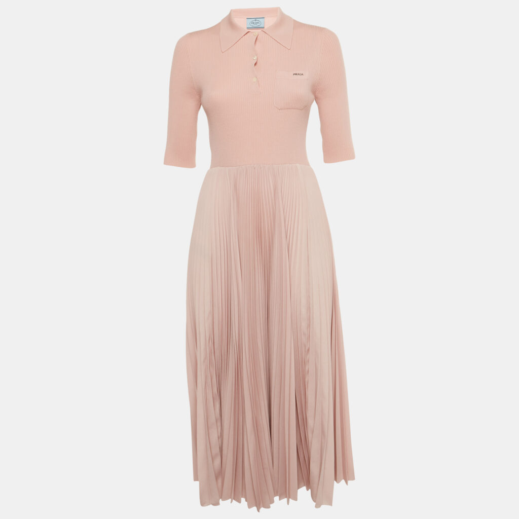 Prada Pink Rib Knit and Plisse Midi Dress M Prada Pink Rib Knit and Plisse Midi Dress M