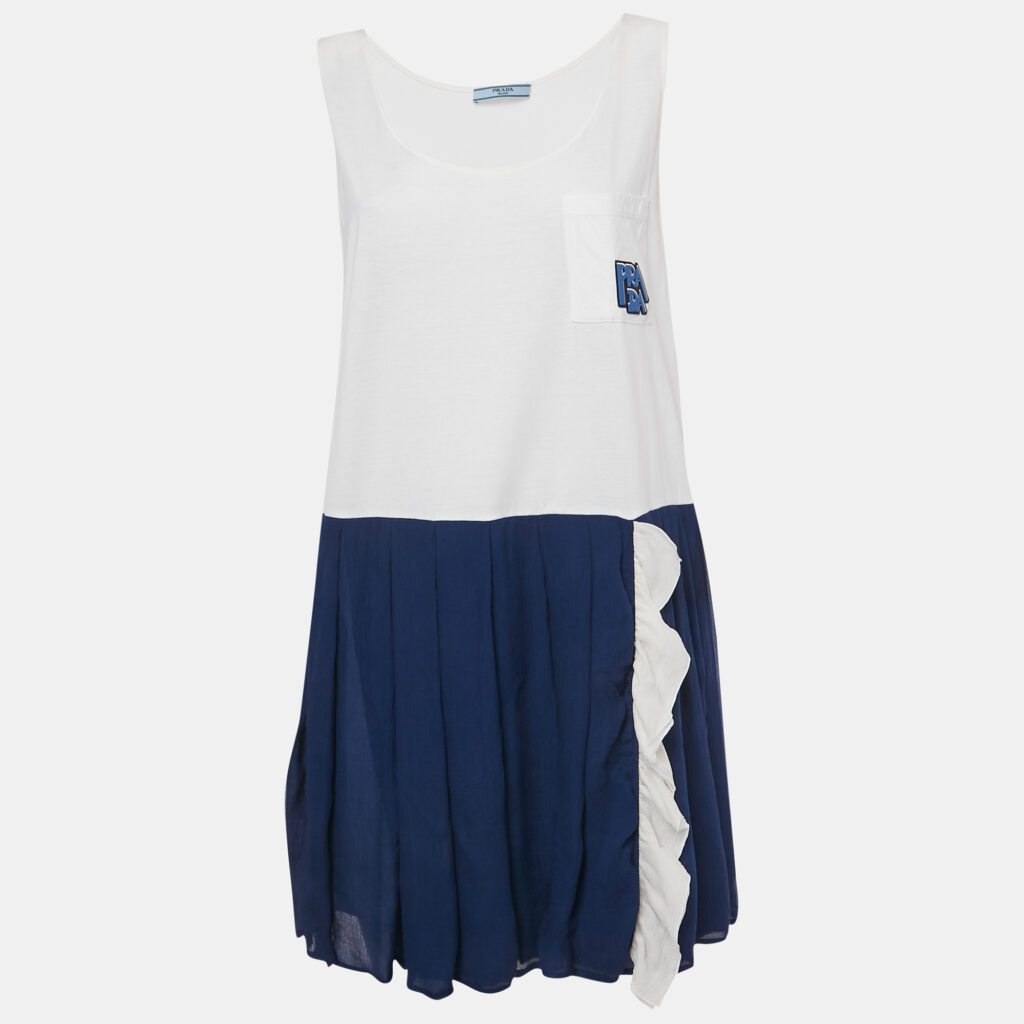 Prada White/Blue Jersey and Silk Sleeveless Mini Dress S