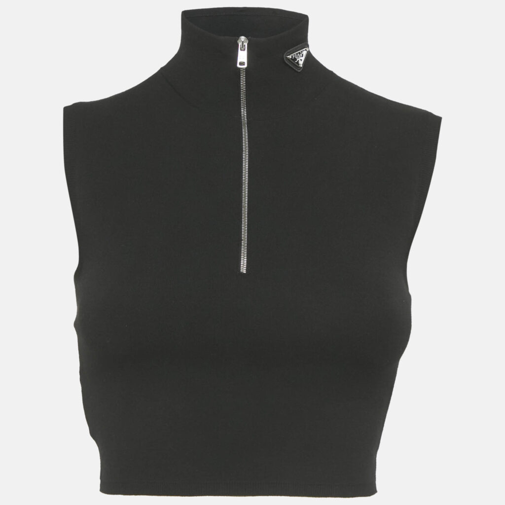 Prada Black Knit Triangle Enamel Logo Sleeveless Crop Top S