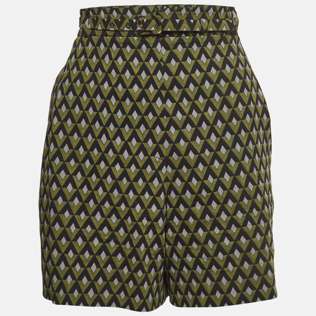 Prada Green Geometric Print Virgin Wool Belted Shorts M
