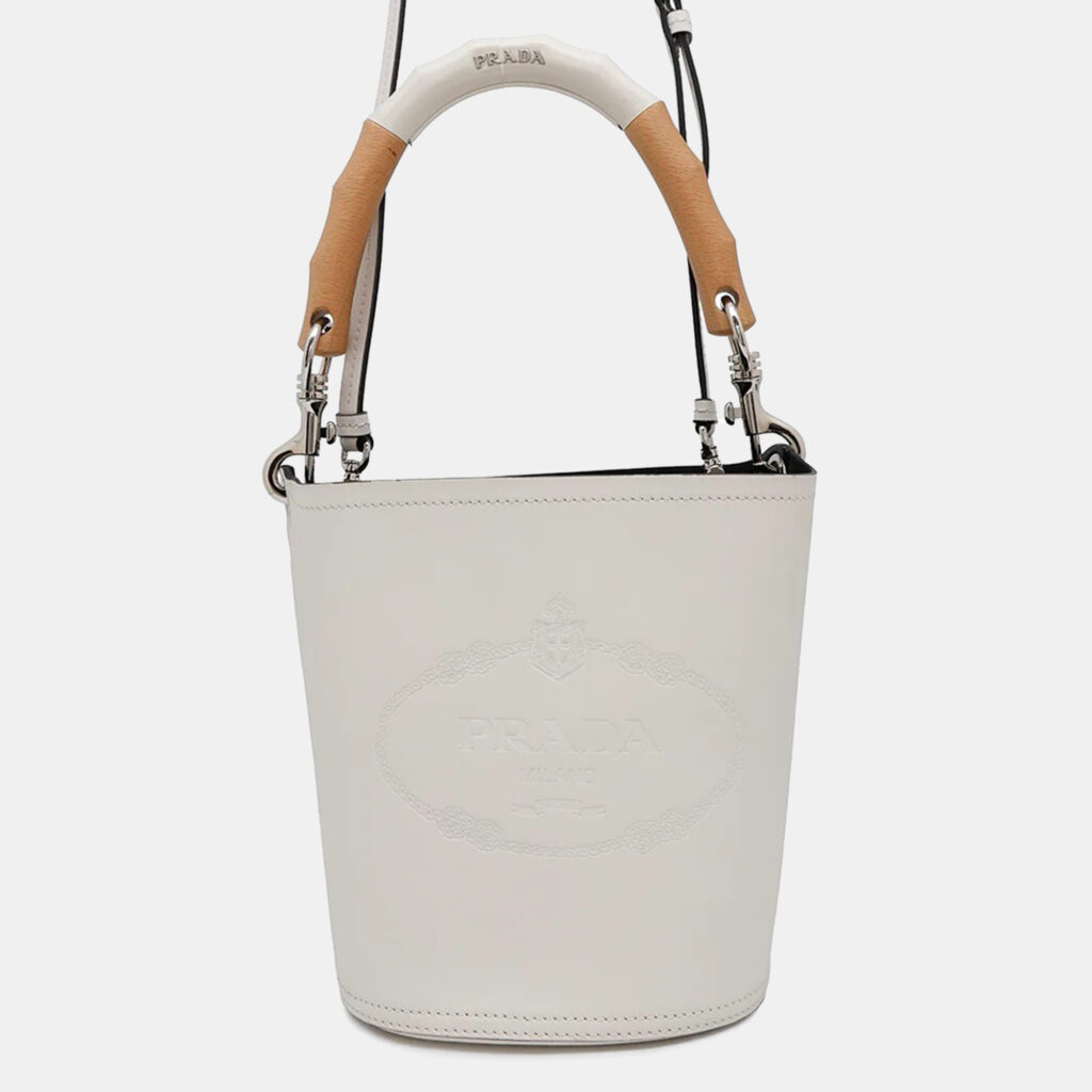Prada Tambour White Leather Wood Bucket Bag Prada Tambour White Leather Wood Bucket Bag