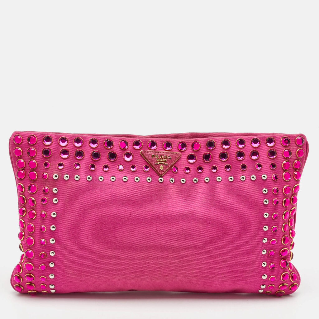 Prada Pink Canvas Crystal Embellished Zip Pouch Clutch Prada Pink Canvas Crystal Embellished Zip Pouch Clutch