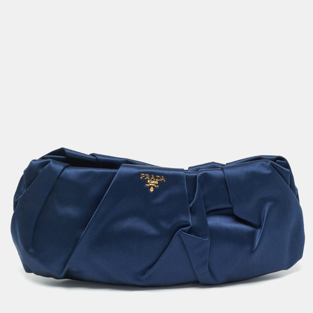 Prada Navy Blue Satin Pleated Raso Clutch Prada Navy Blue Satin Pleated Raso Clutch