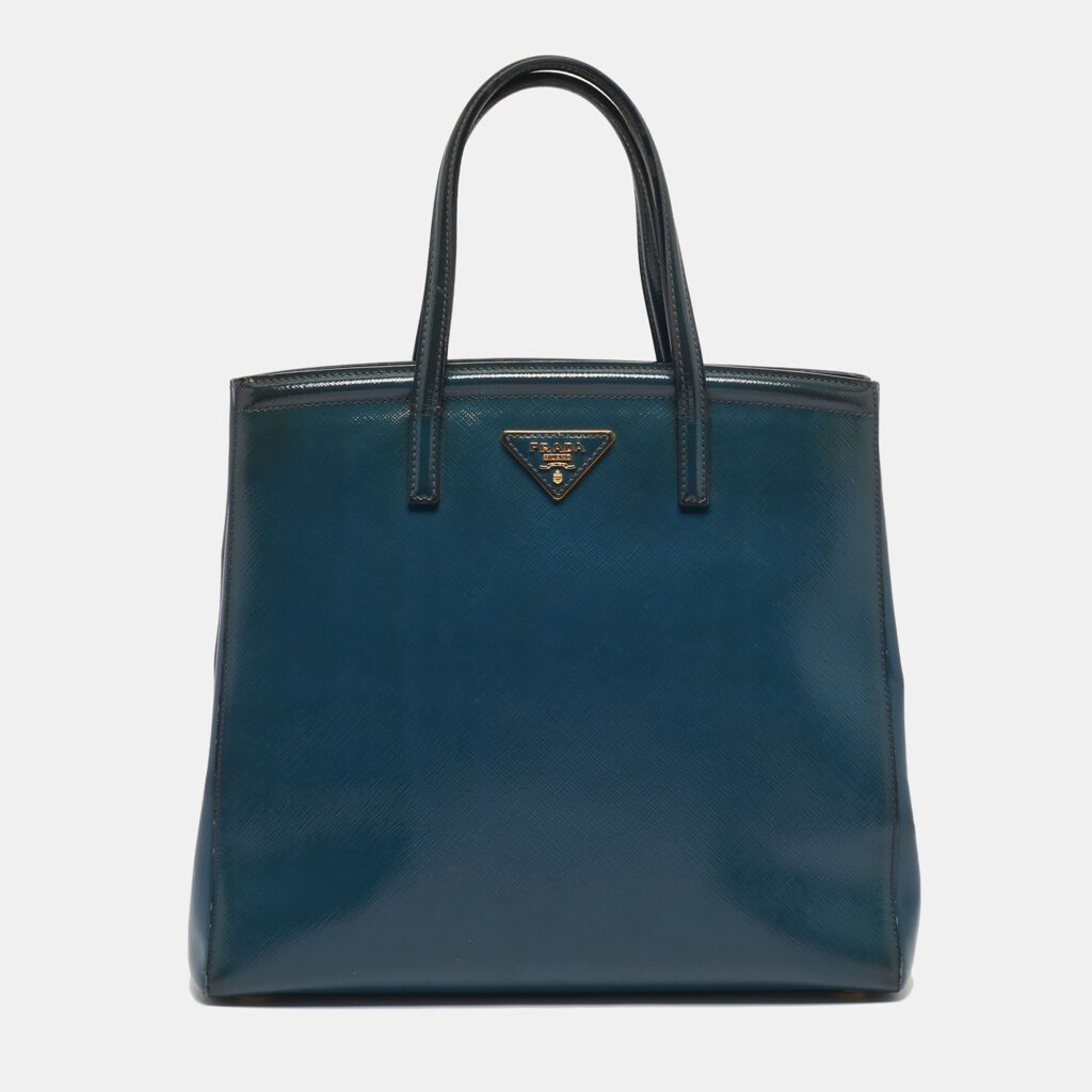 Prada Dark Blue Saffiano Vernic Leather Parabole Tote Prada Dark Blue Saffiano Vernic Leather Parabole Tote