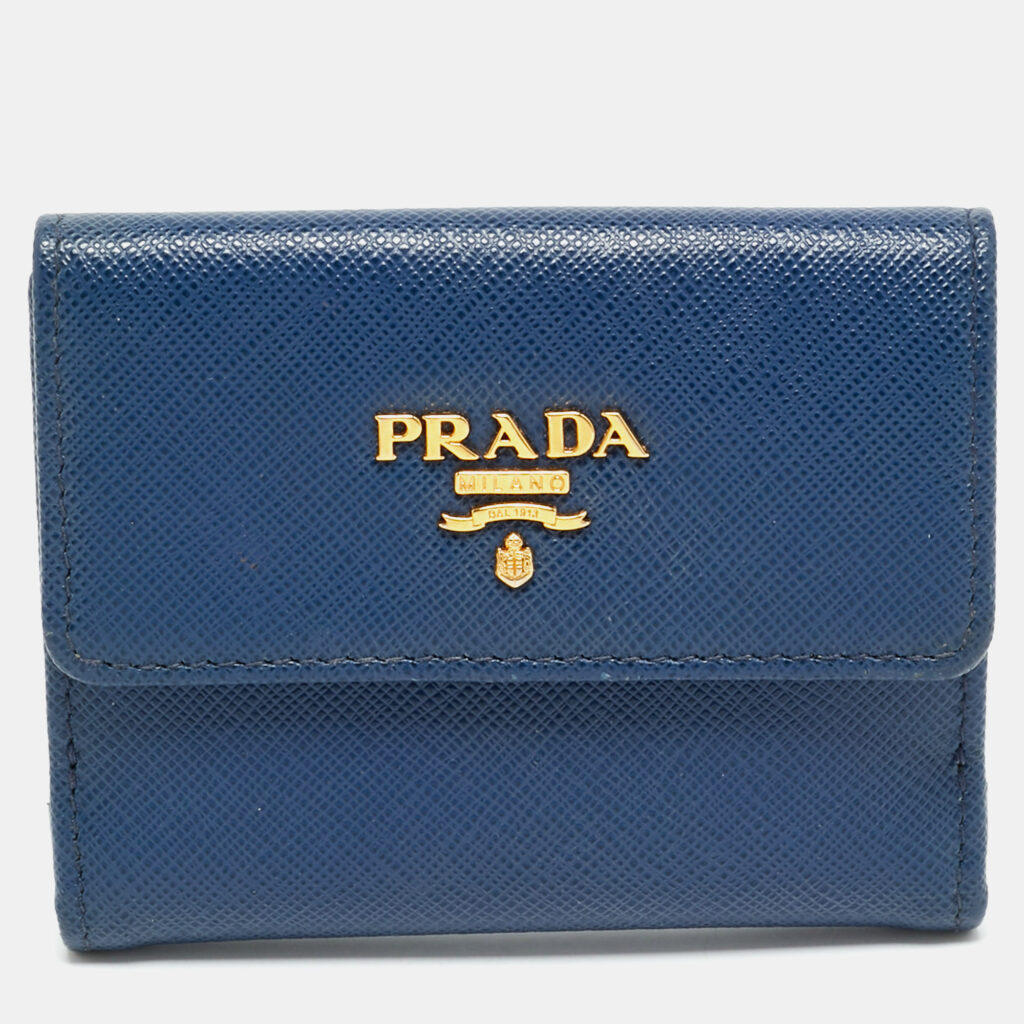 Prada Blue Saffiano Metal Leather French Compact Wallet Prada Blue Saffiano Metal Leather French Compact Wallet