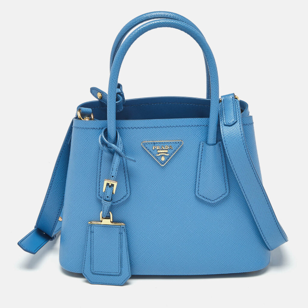 Prada Blue Saffiano Cuir Leather Mini Double Handle Tote Prada Blue Saffiano Cuir Leather Mini Double Handle Tote
