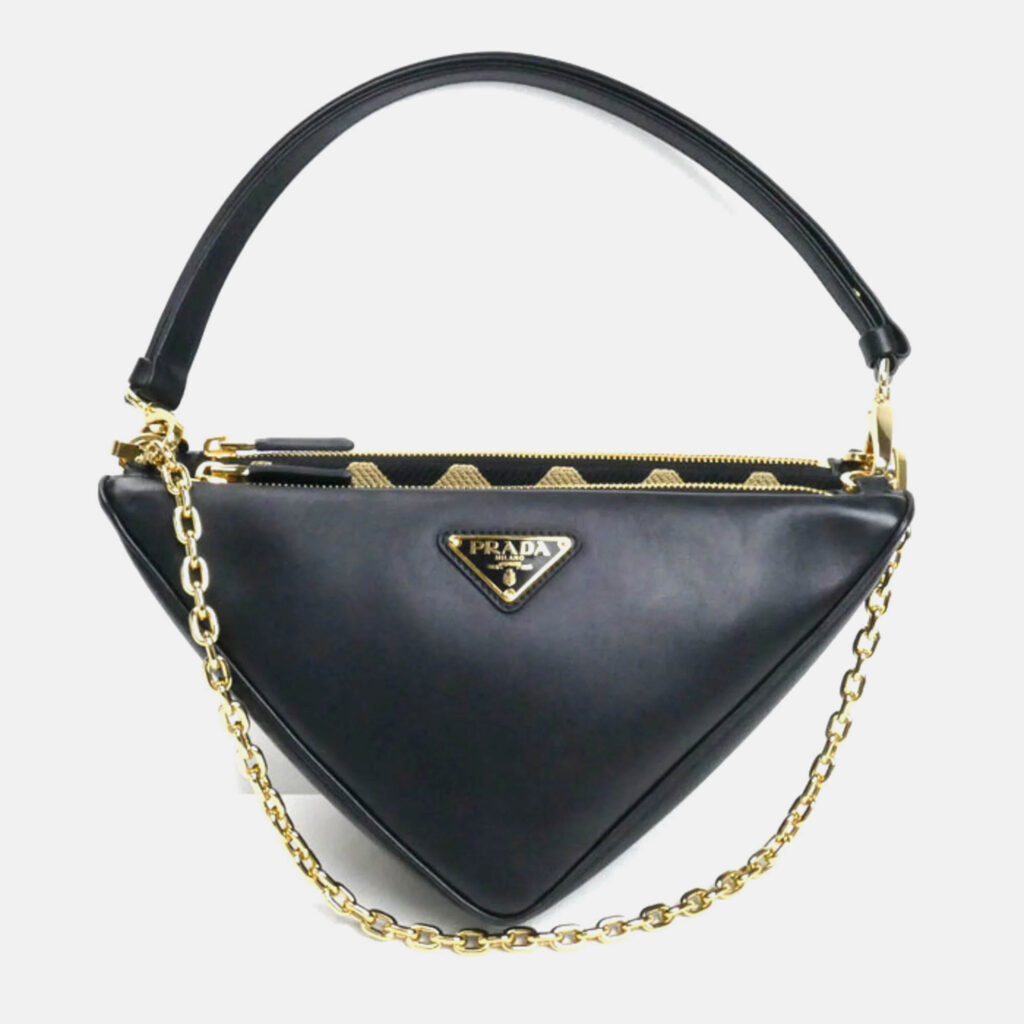 Prada Triangle Black Beige Leather and Fabric Shoulder Bag