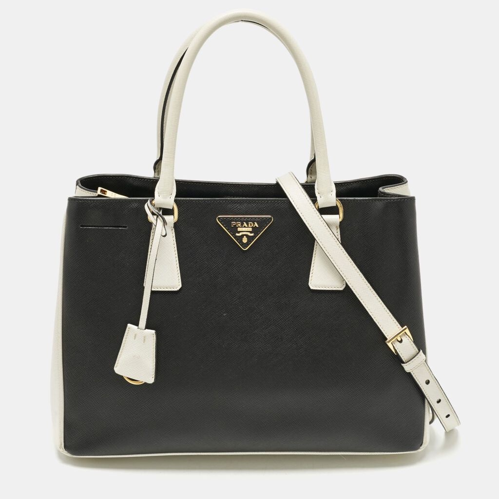 Prada Black/White Saffiano Leather Medium Open Tote