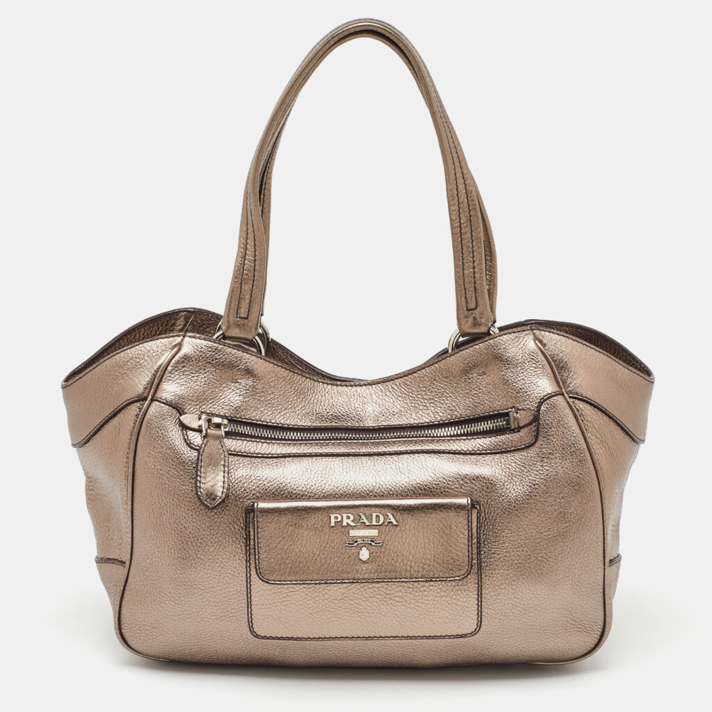 Prada Metallic Grey Leather Vitello Daino Front Pocket Shoulder Bag