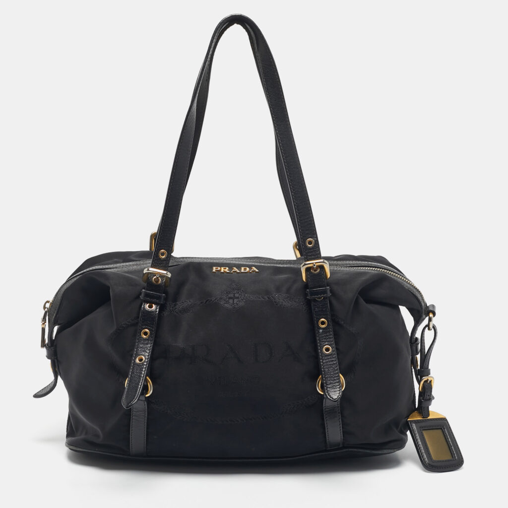 Prada Black Leather and Nylon Logo Buckle Satchel