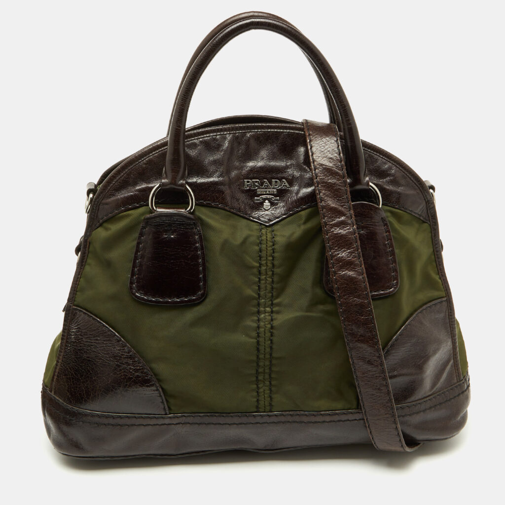 luxury-women-prada-used-handbags-p1189518-008-1.jpg Prada Olive Green/Dark Brown Nylon and Leather Bauletto Bowler Bag