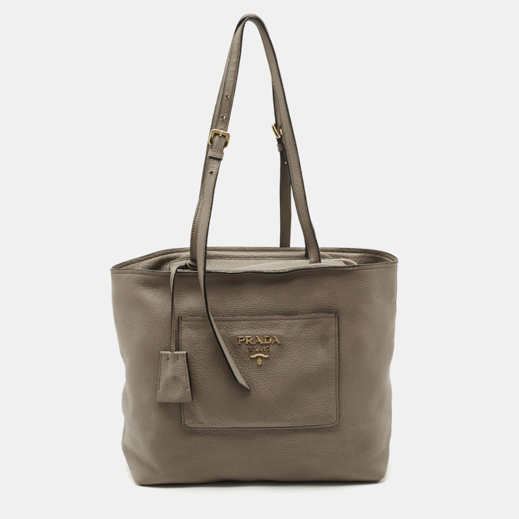 Prada Grey Vitello Daino Leather Zip Tote