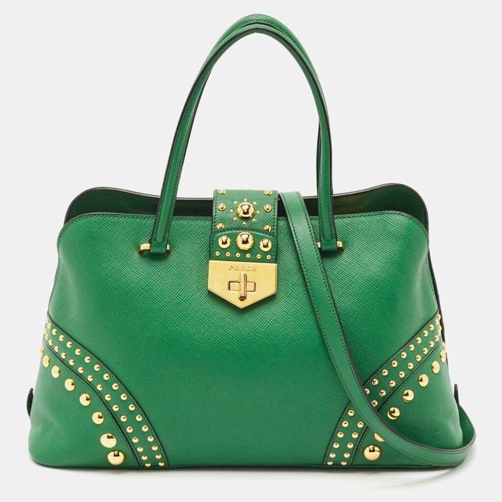 Prada Green Saffiano Leather Promenade Studded Satchel