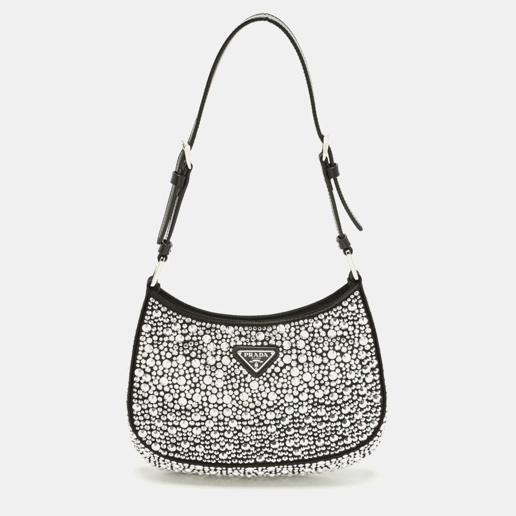 Prada Black Satin Crystal Embellished Cleo Shoulder Bag