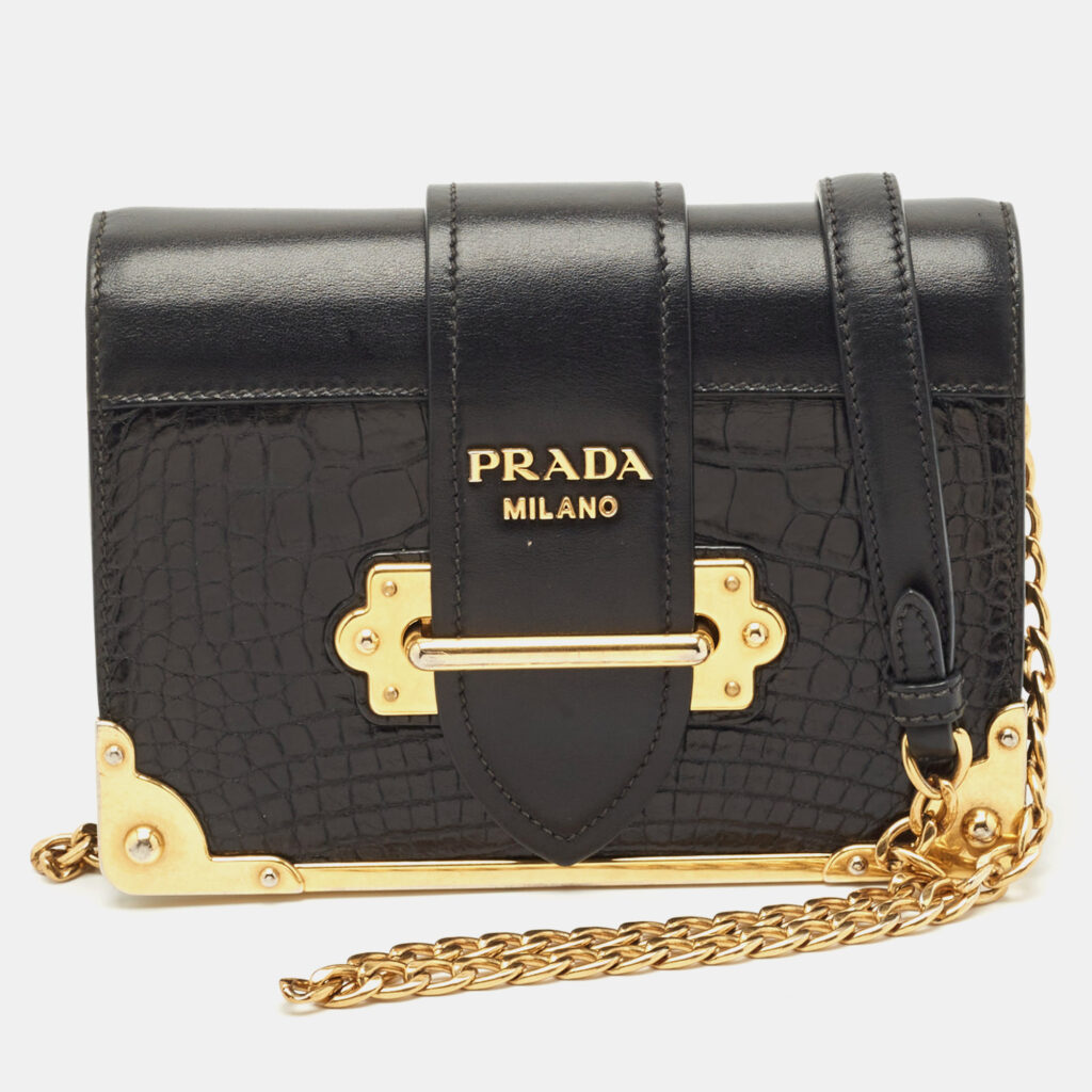 Prada Black Crocodile and Leather Cahier Chain Clutch Prada Black Crocodile and Leather Cahier Chain Clutch
