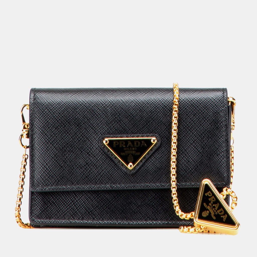Prada Black Saffiano Card Holder On Chain