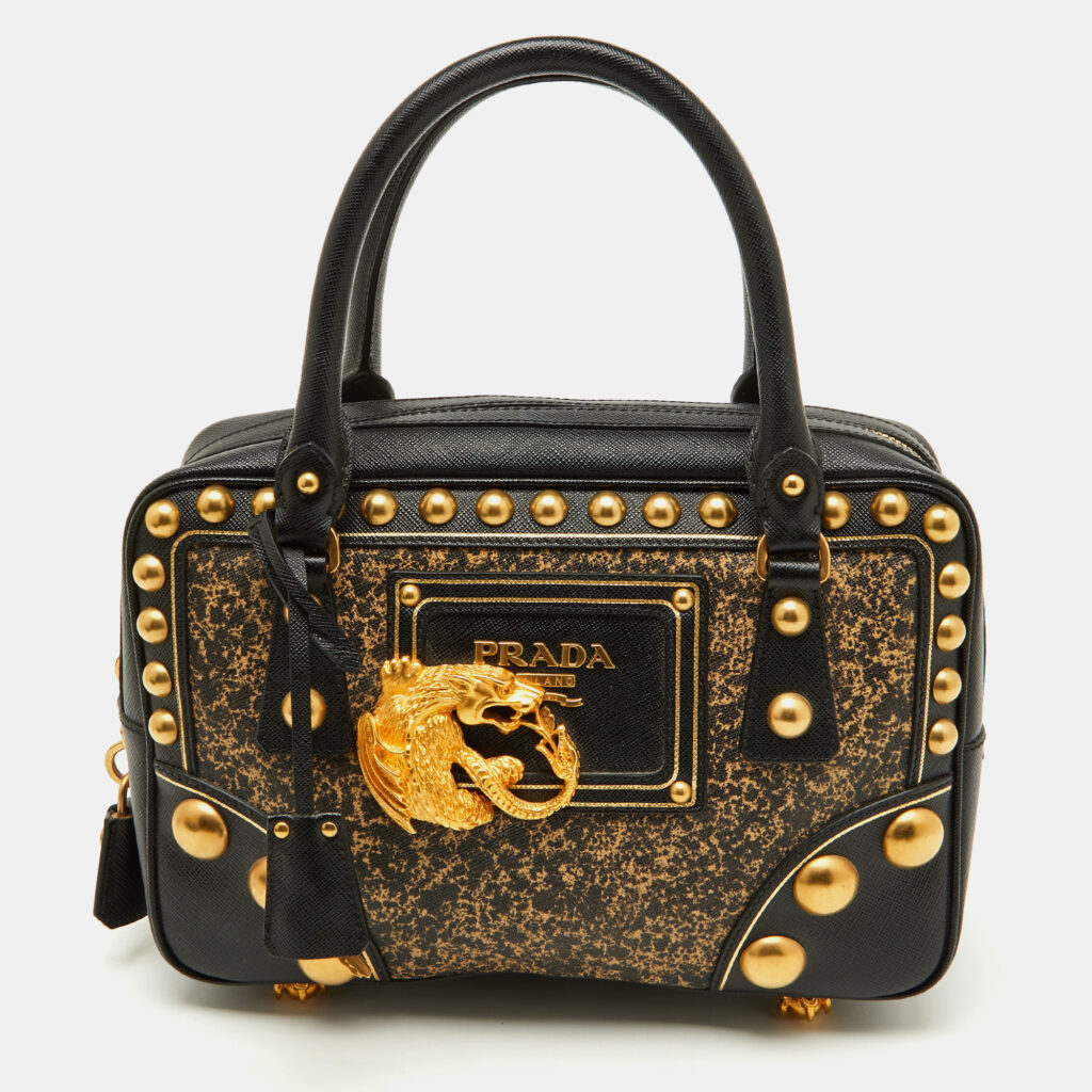 Prada Black Saffiano Leather Embellished Bauletto Bag
