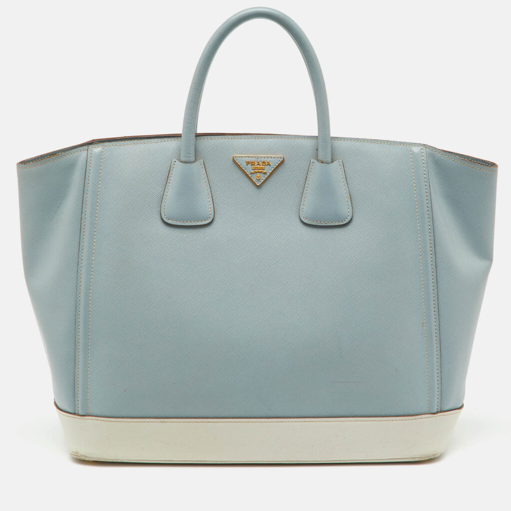 Prada Light Blue/White Saffiano Lux Leather Large Shopper Tote Prada Light Blue/White Saffiano Lux Leather Large Shopper Tote