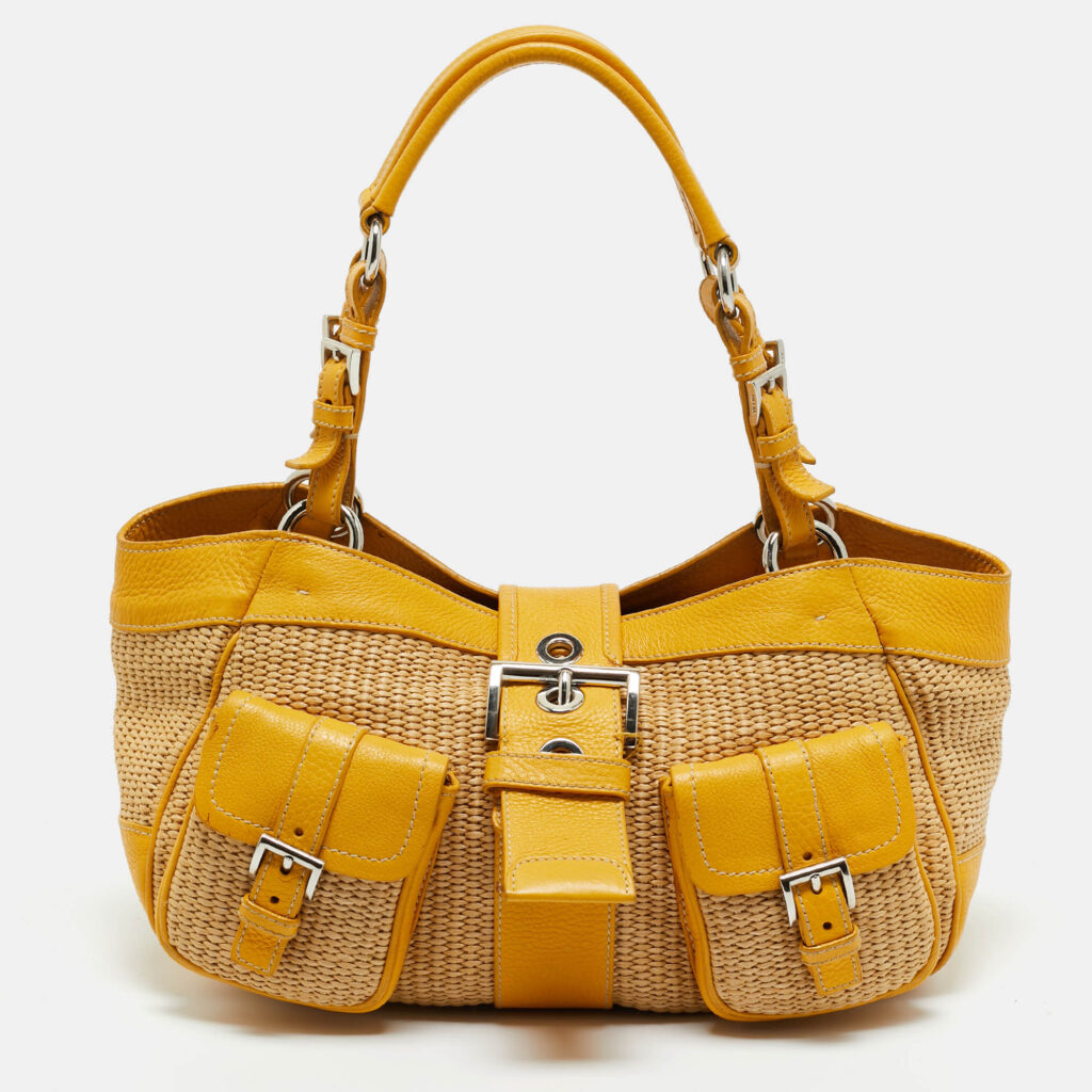 Prada Yellow/Natural Raffia and Leather Front Pocket Satchel Prada Yellow/Natural Raffia and Leather Front Pocket Satchel