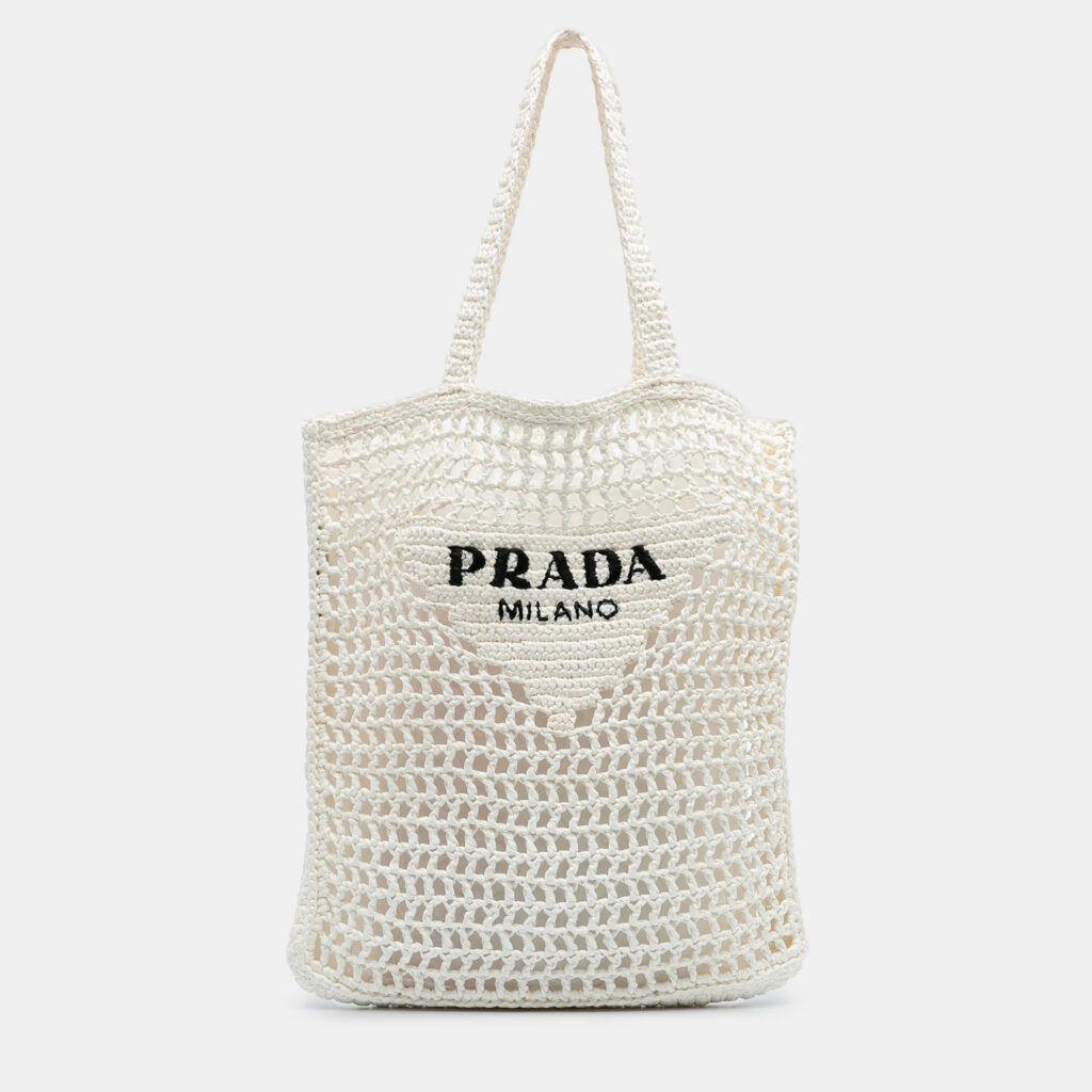 Prada White Raffia Effect Crochet Logo Embroidered Tote Prada White Raffia Effect Crochet Logo Embroidered Tote