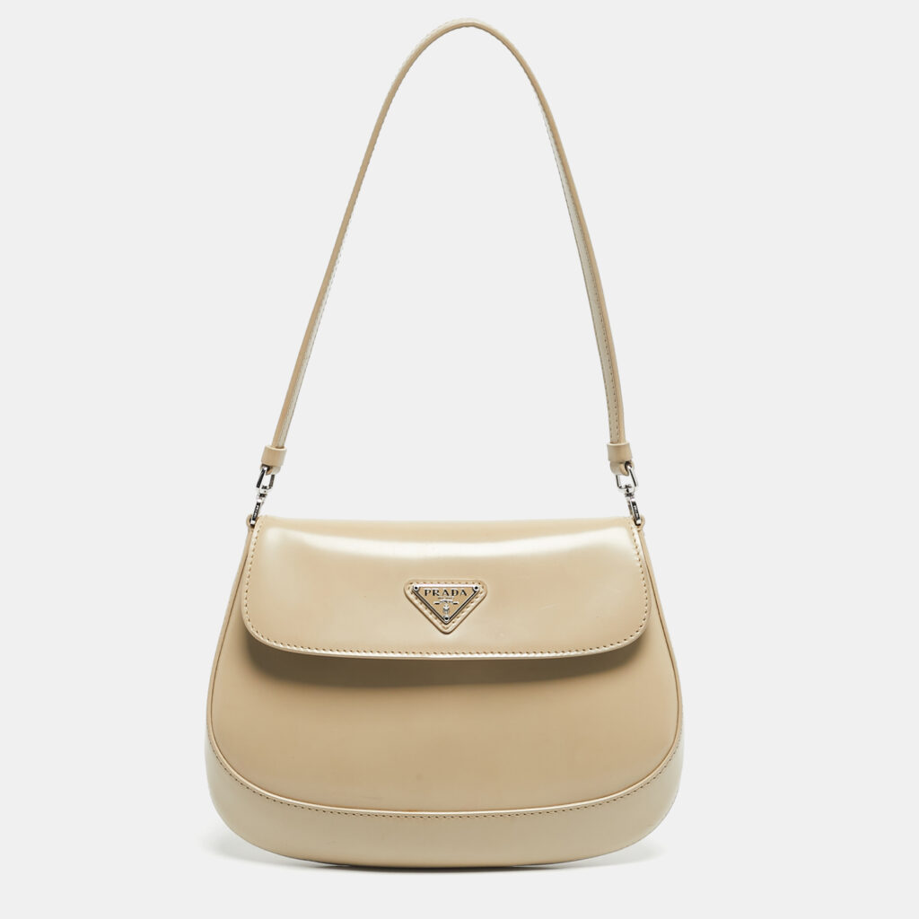 Prada Beige Brushed Leather Small Cleo Flap Shoulder Bag Prada Beige Brushed Leather Small Cleo Flap Shoulder Bag
