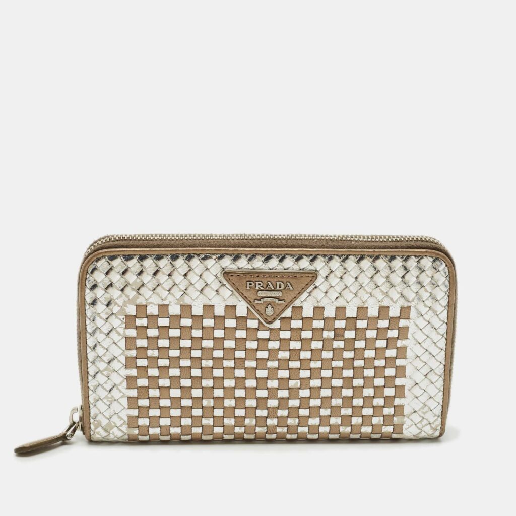 Prada Silver/Gold Woven Madras Leather Zip Continental Wallet Prada Silver/Gold Woven Madras Leather Zip Continental Wallet