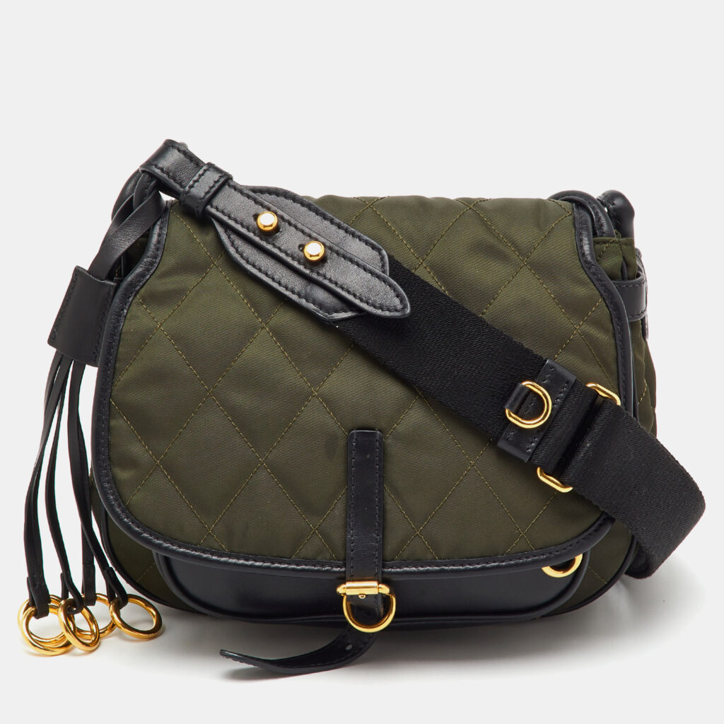 Prada Black/Green Leather and Nylon Corsaire Crossbody Bag