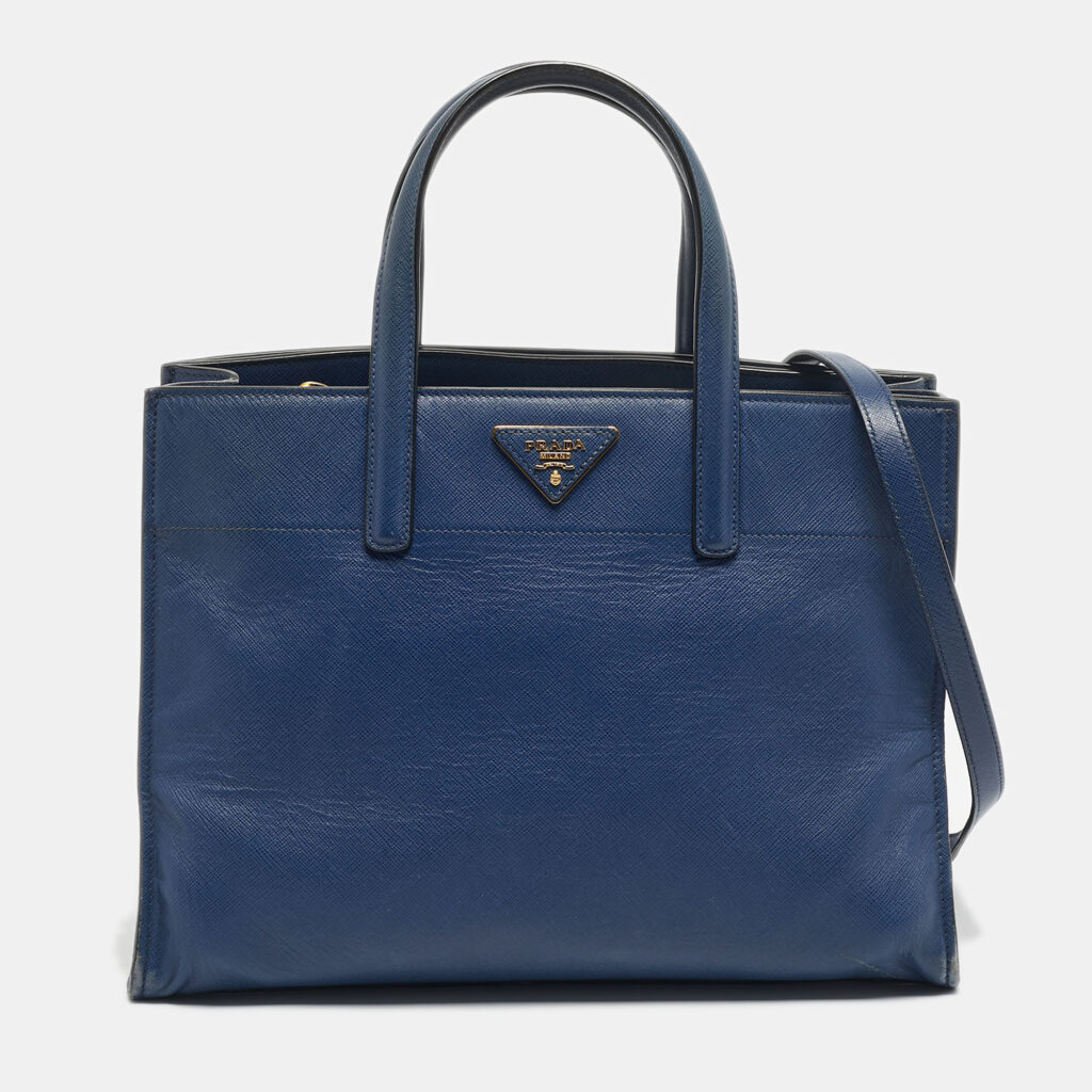 Prada Navy Blue Saffiano Cuir Leather Triple Pocket Tote Prada Navy Blue Saffiano Cuir Leather Triple Pocket Tote