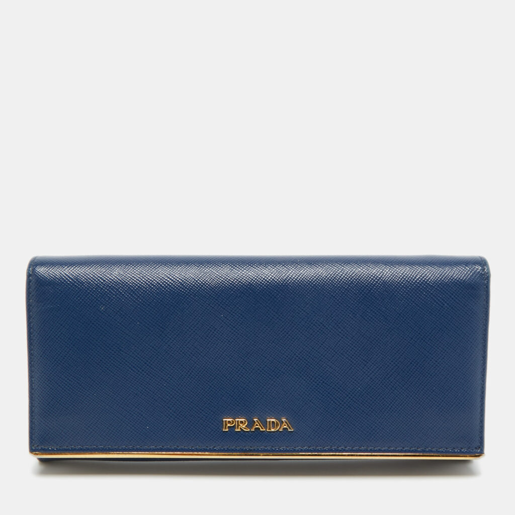 Prada Blue Saffiano Leather Metal Bar Flap Continental Wallet Prada Blue Saffiano Leather Metal Bar Flap Continental Wallet
